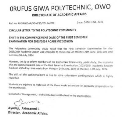 Rufus Giwa Poly shifts commencement of 1st semester exam, 2023/2024