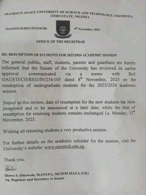 OAUSTECH update on resumption of academic activities for undergraduate students, 2023/2024