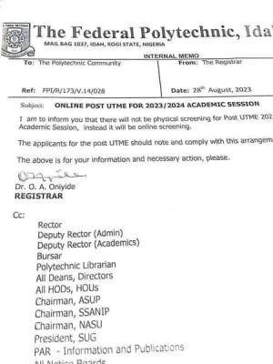 Fed Poly Idah Post-UTME screening, 2023/2024 is strictly online. No Physical screening