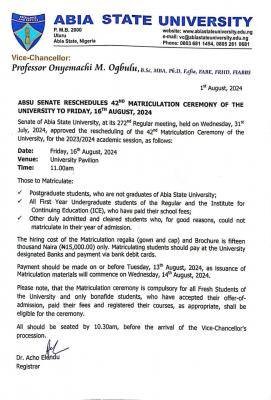 ABSU reschedules 42nd matriculation ceremony