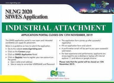 NLNG SIWES (Industrial Training)/Internship Application, 2020