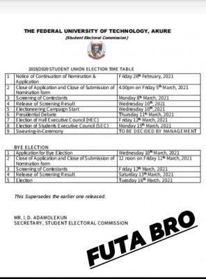 FUTA Students Union election time-table, 2019/2020