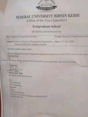 FUBK notice on closure of Postgraduate registration exercise, 2022/2023 session