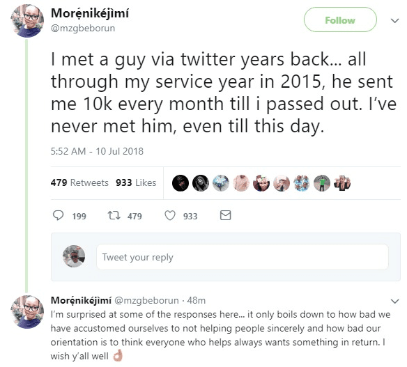 NYSC: Lady Says a Stranger on Twitter Paid Her Monthly During her Service Year, See How People Reacted