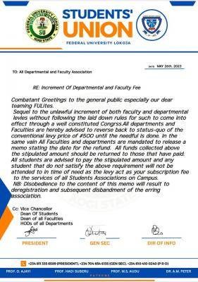 FULOKOJA SUG notice on increment of Department & Faculty fee