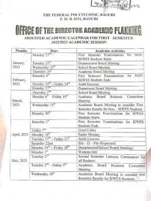 BAUCHIPOLY adjusted academic calendar, 2022/2023