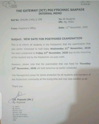 Gateway Polytechnic notice on postponment of ongoing exam