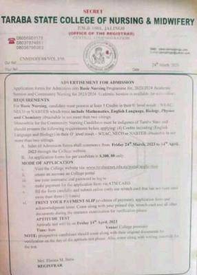 Taraba State College of Nursing & Midwifery forms (Basic & Community Nursing), 2023/2024