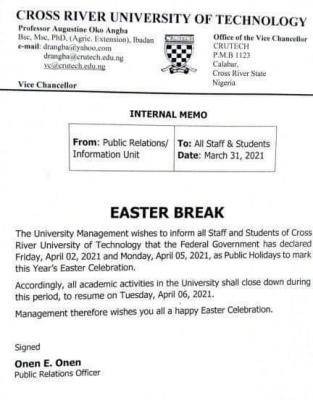 CRUTECH announces Easter break