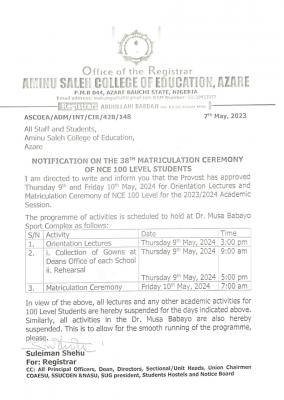 Aminu Saleh COE Asare notice of 38th Matriculation ceremony of NCE 100L, 2023/2024