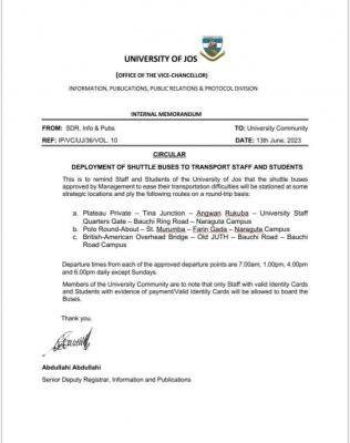 UNIJOS notice on deployment of shuttle buses to transport staff and students