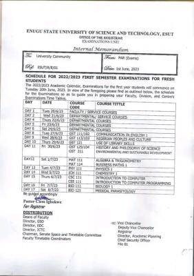 ESUT first semester examination time-table for fresh students