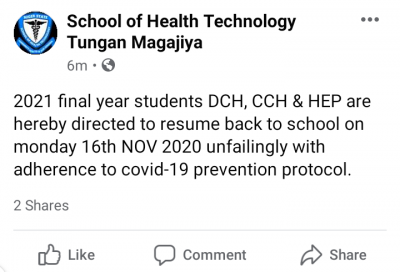 College of Health Technology Tungan Magajiya announces resumption for final year students