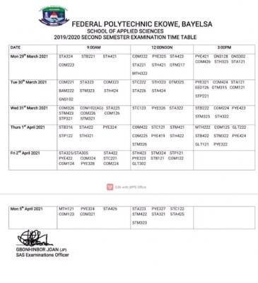 Fed Poly, Ekowe Second Semester examinations time table, 2019/2020