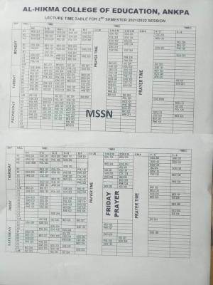 Al-Hikmah College of Education 2nd semester lectures timetable, 2021/2022