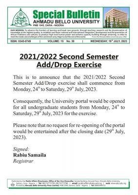 ABU, Zaria announces 2nd semester Add/Drop exercise, 2021/2022