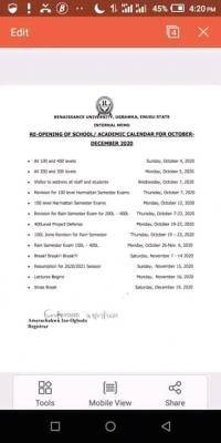 Renaissance University resumption dates and academic calendar