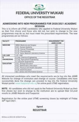 FUWukari admissions into new programmes for 2020/2021 session