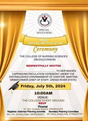 College of Nursing Sciences, Obudu Maiden Capping/Matriculation Ceremony holds 5th July