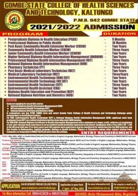 Gombe State College of Health sciences admission form, 2021/2022