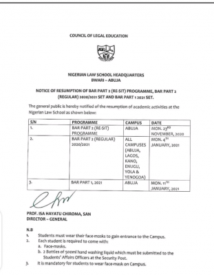 Nigeran Law School notice on resumption of exam