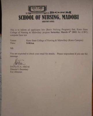 Kano State School of Nursing and Midwifery, Madobi entrance exam date