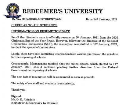 RUN notice on resumption of academic activities