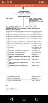 RSUST revised postgraduate calendar for 2019/2020 academic session