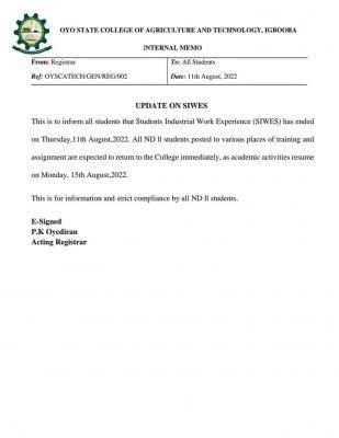 OYSCATECH resumption date for SIWES students