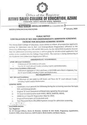 Aminu Saleh COE notice on continuation of NCE & Undergraduate admission exercise, 2023/2024