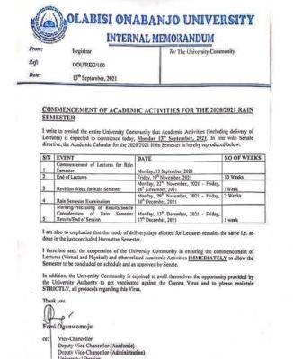 OOU academic activities for rain semester, 2020/2021