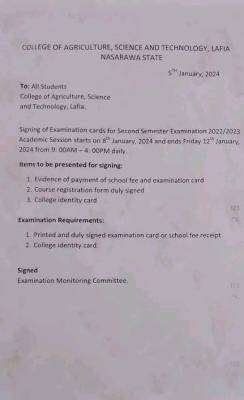 College of Agric, Science and Tech, Lafia notice to students on signing of exam cards