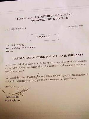 Federal College of Education Okene Issues Resumption Notice to Staff