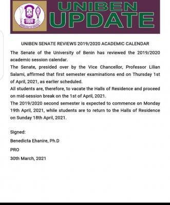 UNIBEN notice on the review of 2019/2020 academic calendar