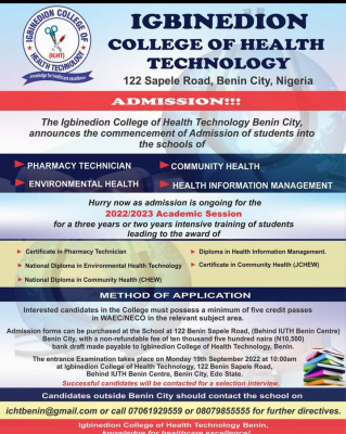 Igbinedion College of Health Technology admission form, 2022/2023 (Sept. Edition)