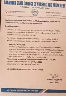 Adamawa State College of Nursing admission form, 2021/2022