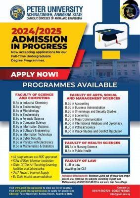 Peter University Anambra releases admission form for 2024/2025 session