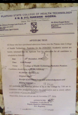 Plateau State College of Health Tech. announces aptitude test for 2020/2021 session