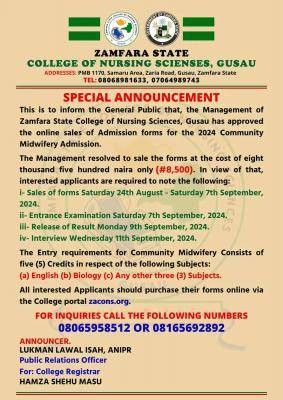 Zamfara College of Nursing Sciences community Midwifery form, 2024/2025