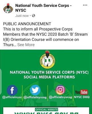 NYSC 2020 batch 'B' stream I (B) orientation course details