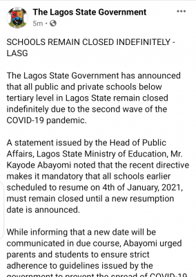 Schools in Lagos State remain closed indefinitely - LASG