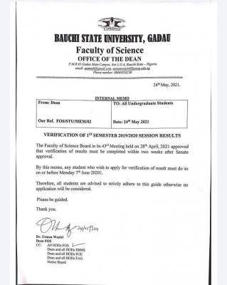 BASUG notice on verification of 1st semester 2019/2020 exam results