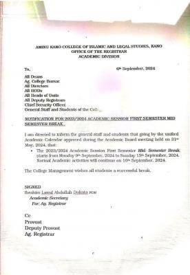 Aminu Kano College of Islamic & Legal Studies notice of mid-semester break