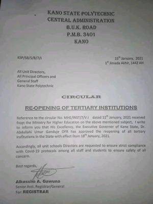 Kano State Polytechnic resumption notice