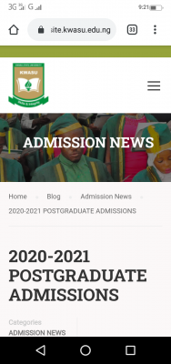 KWASU postgraduate admission form for 2020/2021 session