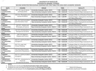 UNIMAID second semester provisional examination timetable, 2022/2023 session