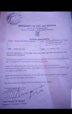 UNIJOS notice to the University community on prevention of COVID-19