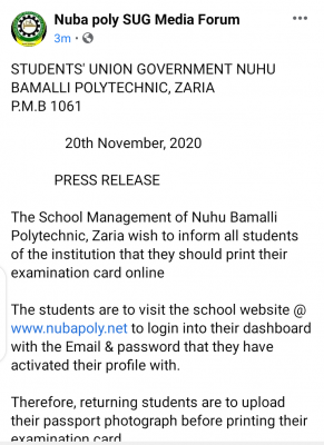 NUBAPOLY notice to students on printing of exam cards