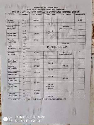 Fedpoly Mubi 1st & 3rd semester examination timetable 2020/2021