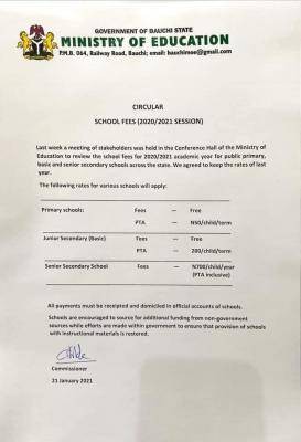 Bauchi State Ministry of Education notice on 2020/2021 school fees